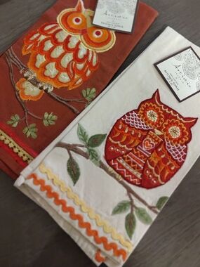 Ot of 2 Embroidered Owl Kitchen Tea Towels - Orange & Cream